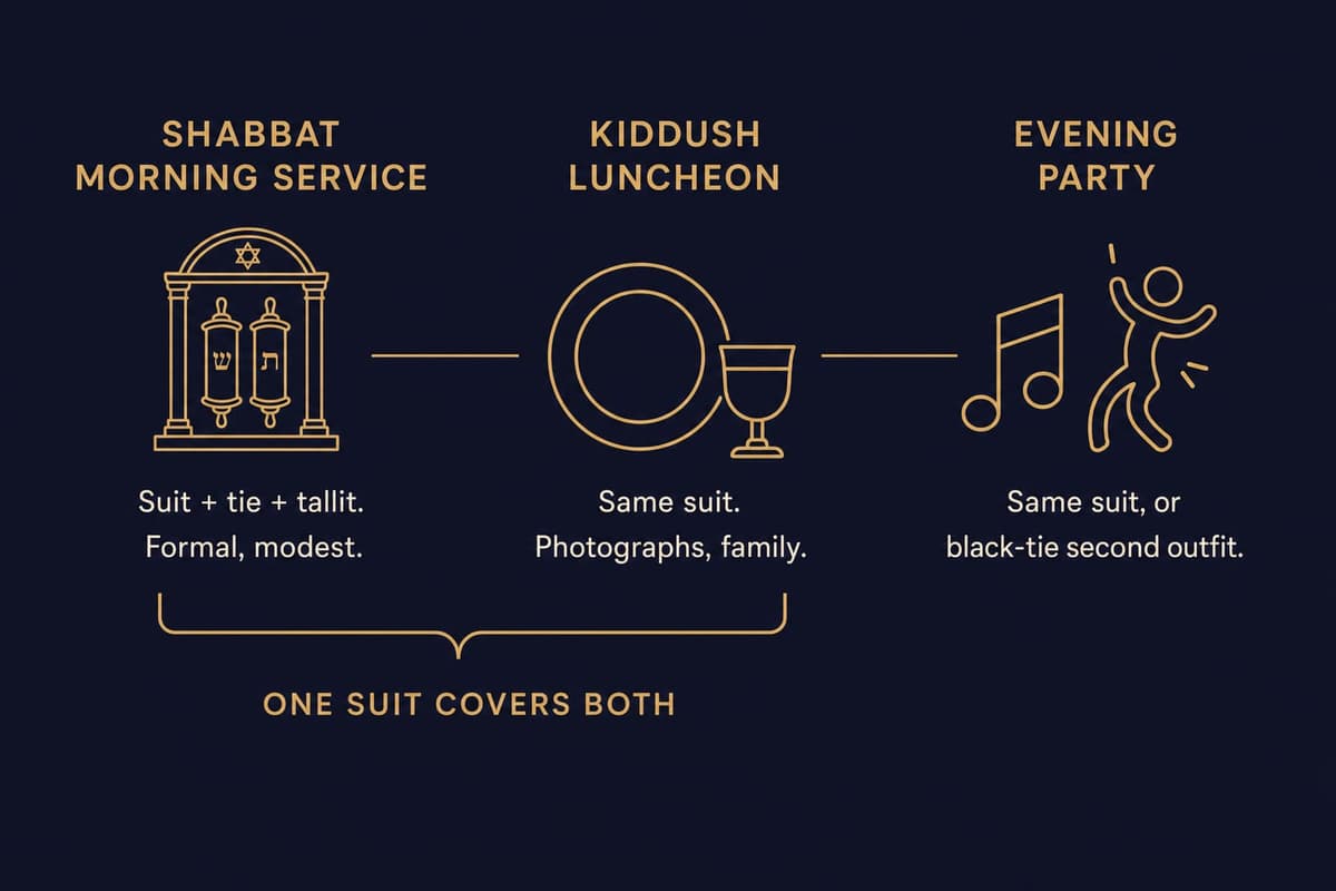 Infographic comparing the three settings of a Bar or Bat Mitzvah day — Shabbat morning service, kiddush luncheon, and evening party — and what each one asks of the outfit