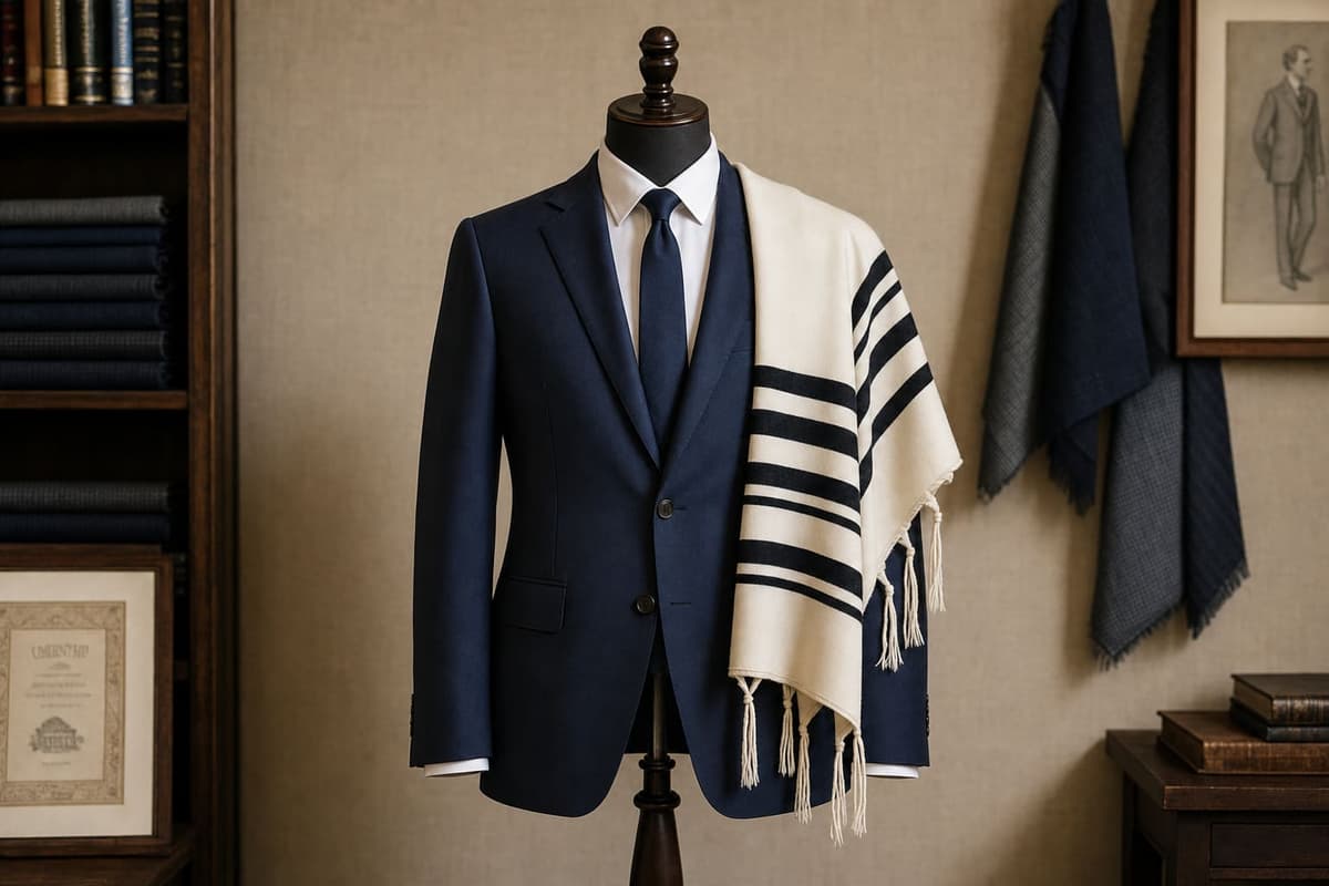 A boy's navy Bar Mitzvah suit with a white shirt and a tallit prayer shawl draped over the shoulder, displayed on a tailor's dress form