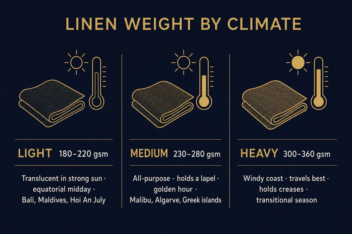Infographic comparing three linen weights for beach weddings: light 180-220 gsm, medium 230-280 gsm, and heavy 300-360 gsm, each matched to a climate and ceremony time