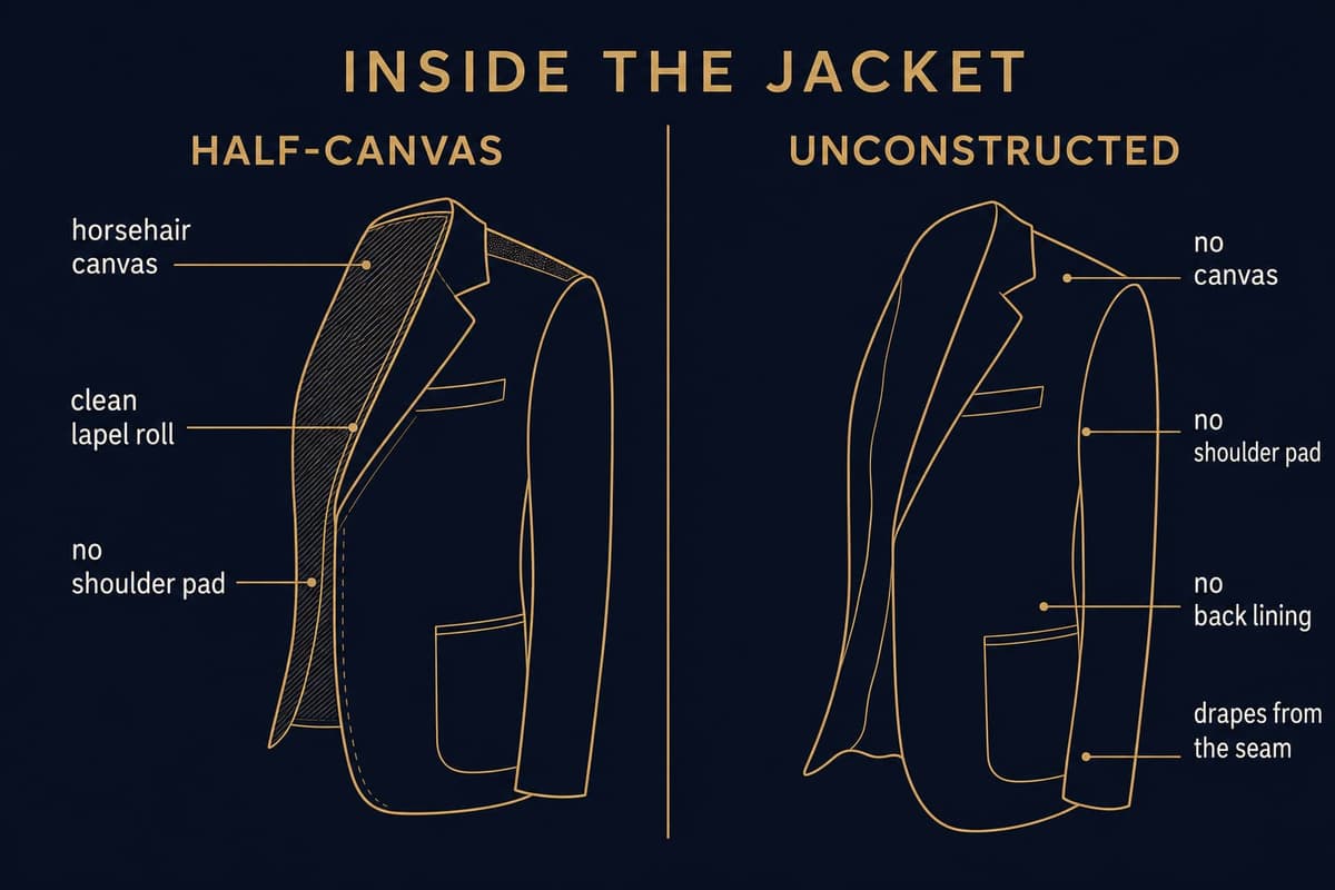 Side-by-side infographic contrasting a canvassed jacket with internal chest piece and shoulder pad against a fully unstructured soft jacket with no canvas or padding