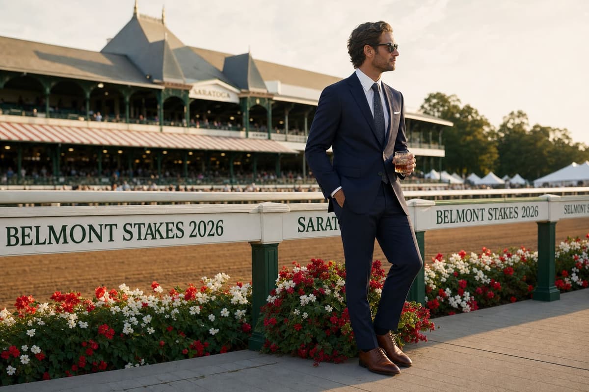Belmont Stakes attire for men 2026 — navy suit, white shirt, simple silk tie and brown oxfords with a bourbon glass at Saratoga, golden hour