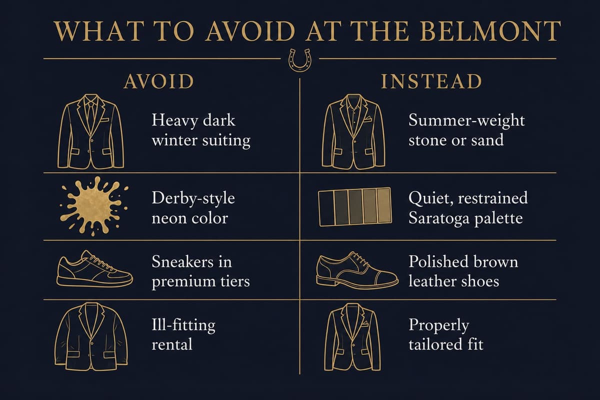 Infographic checklist of Belmont Stakes style mistakes to avoid: heavy dark suiting, Derby neon, sneakers in premium tiers, ill-fitting rentals