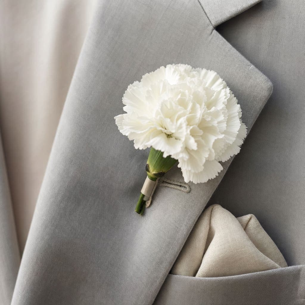 A single white carnation boutonniere on the lapel of a light grey summer suit with a cream pocket square -- the Belmont Stakes colour note