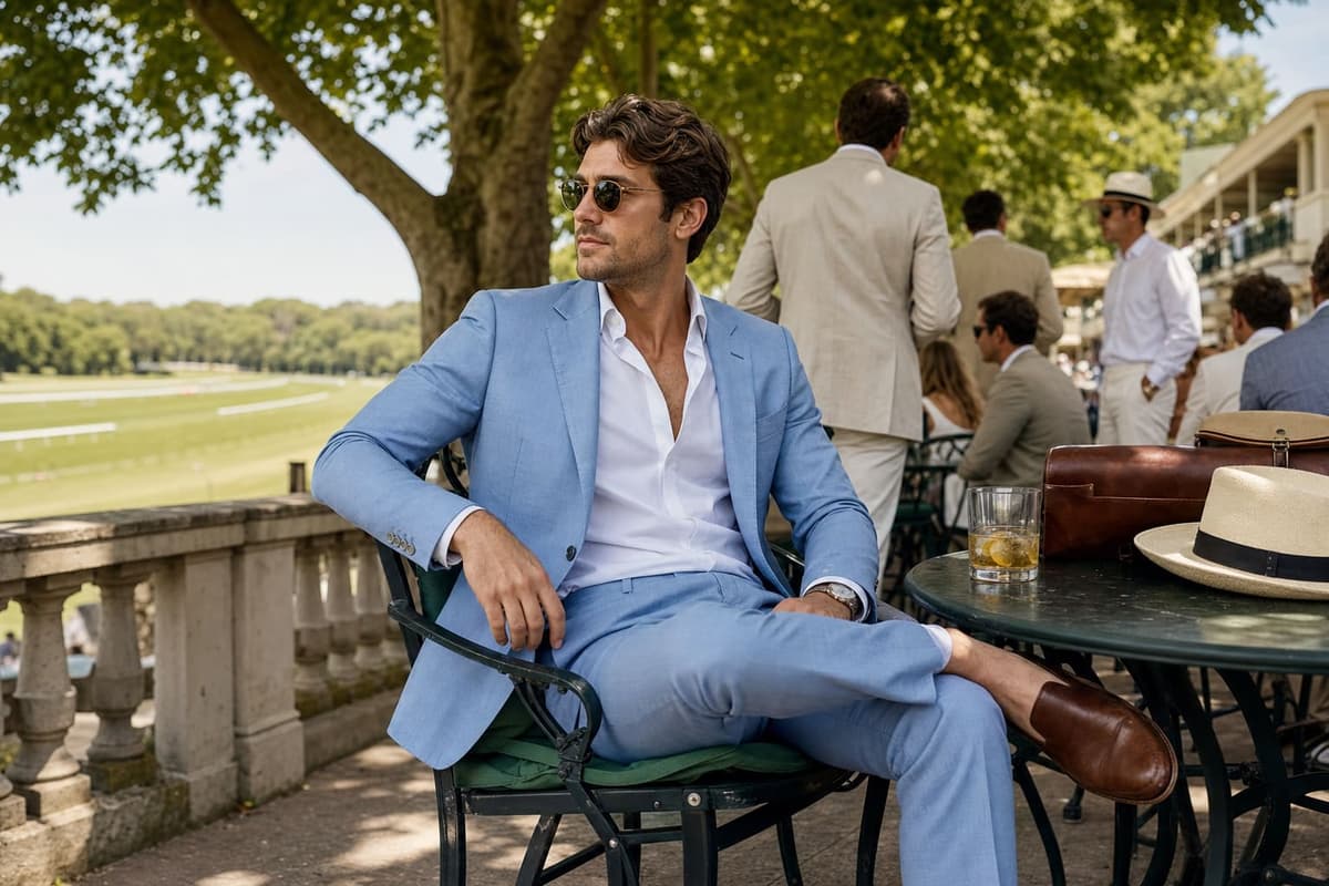 A man in a soft sky-blue summer suit seated at an open-air summer racecourse terrace -- smart summer tailoring for the Belmont Stakes grandstand