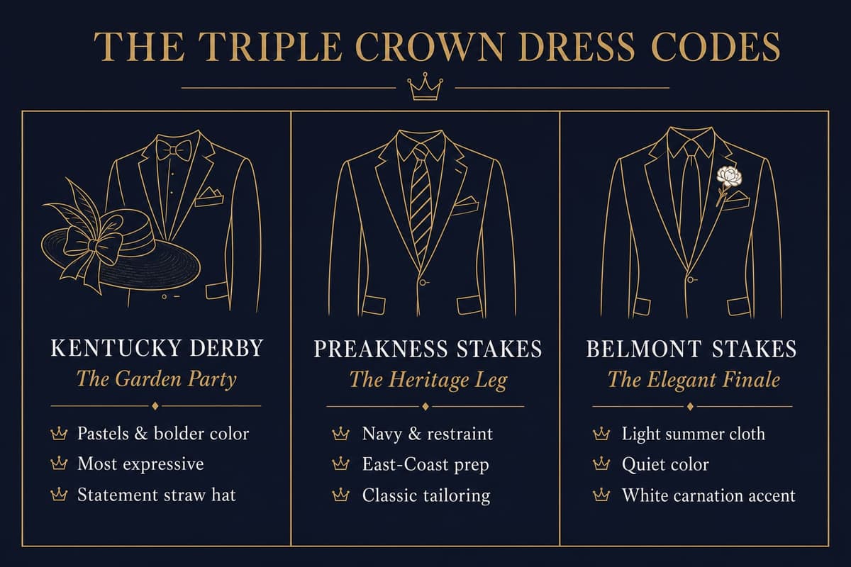 Comparison infographic of the three Triple Crown dress codes: Kentucky Derby pastels, Preakness navy prep, Belmont light summer cloth