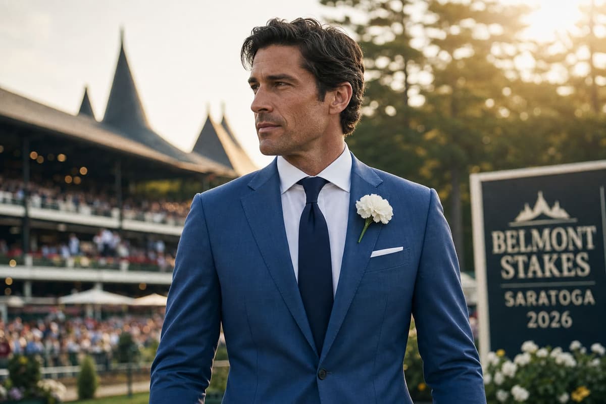 Belmont Stakes outfit for men 2026 — mid-blue single-breasted suit, white shirt, navy silk tie and a white carnation boutonniere at Saratoga's Belmont Stakes 2026