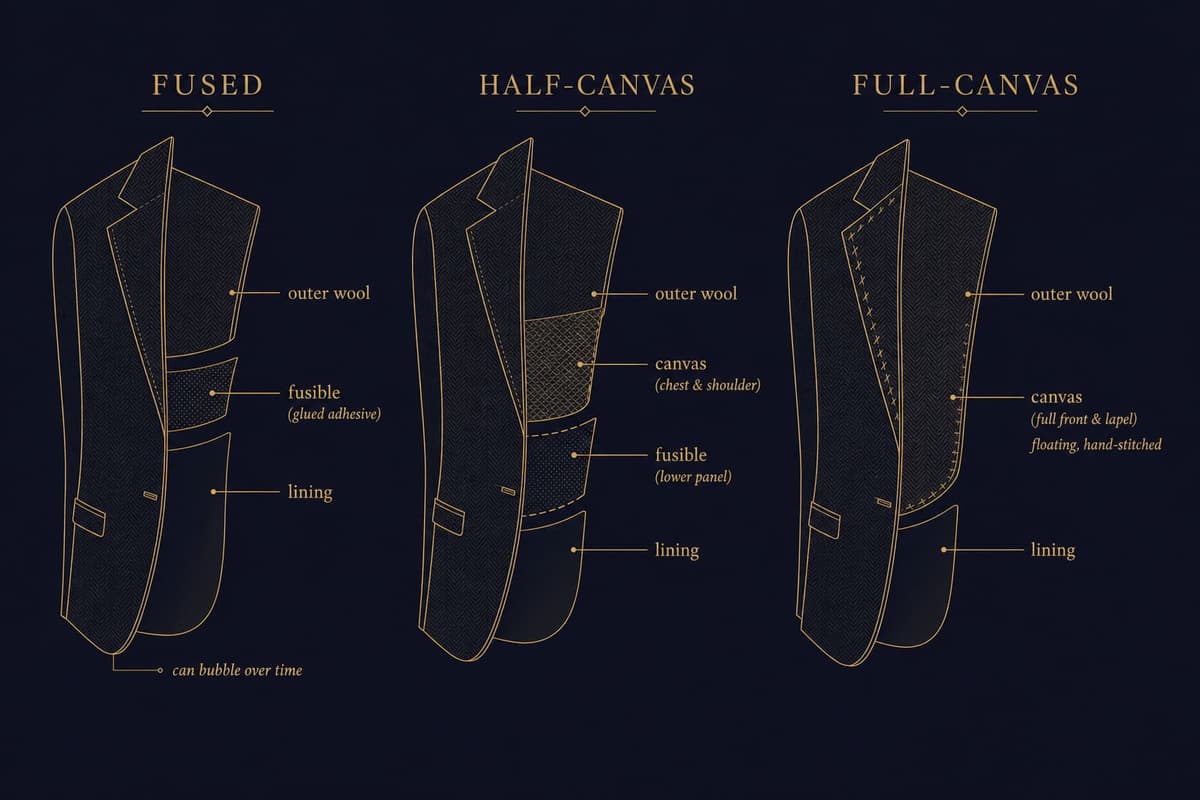 Diagram comparing fused, half-canvas and full-canvas suit jacket construction in cross-section