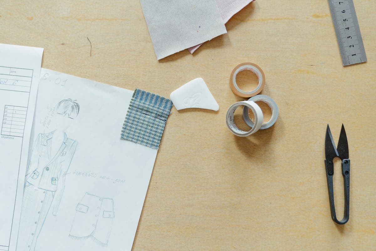 Tailor drafting a paper suit pattern from scratch with chalk, rulers and shears on the cutting table