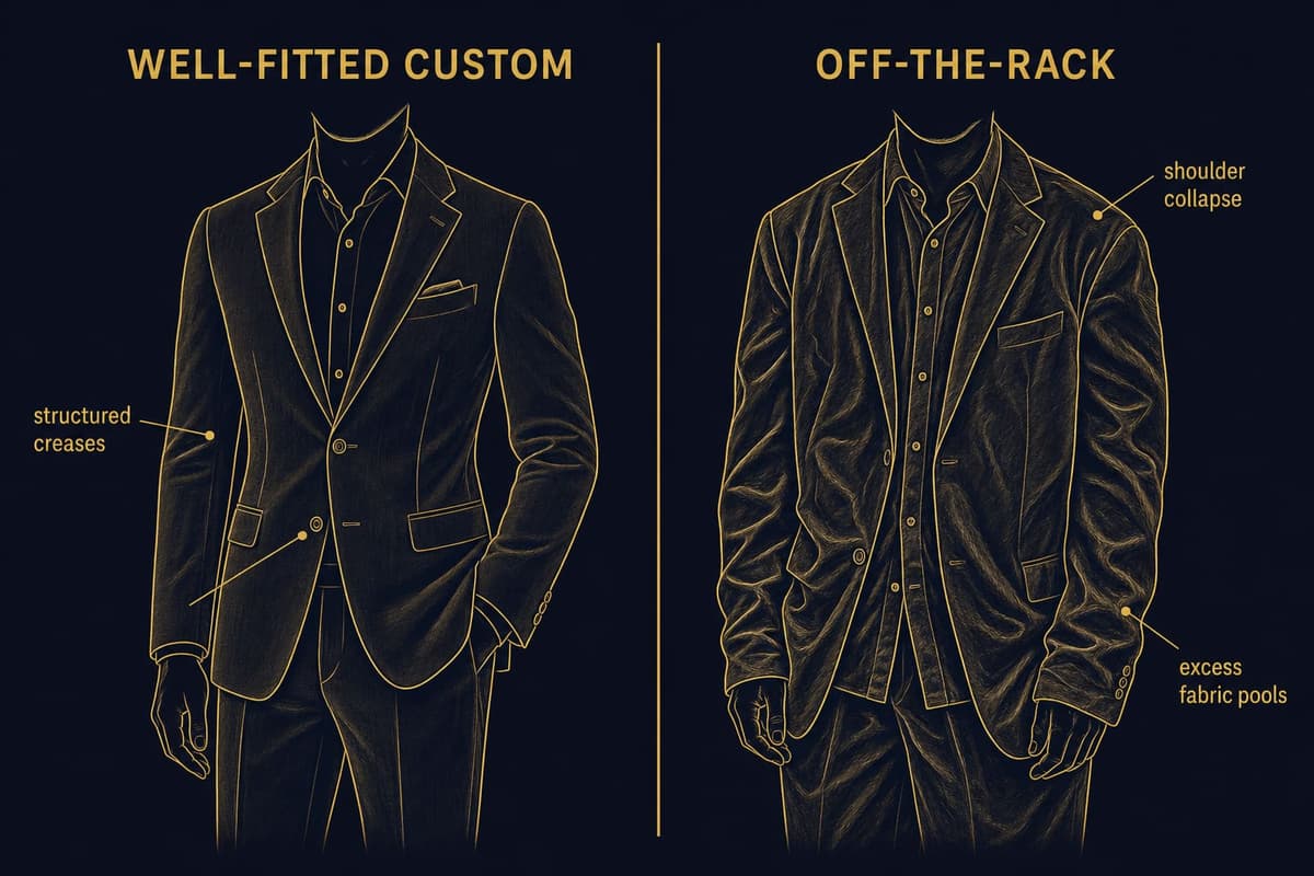 Infographic comparing structured intentional creases on a well-fitted linen jacket versus chaotic random wrinkles on a poorly-fitted off-the-rack linen jacket