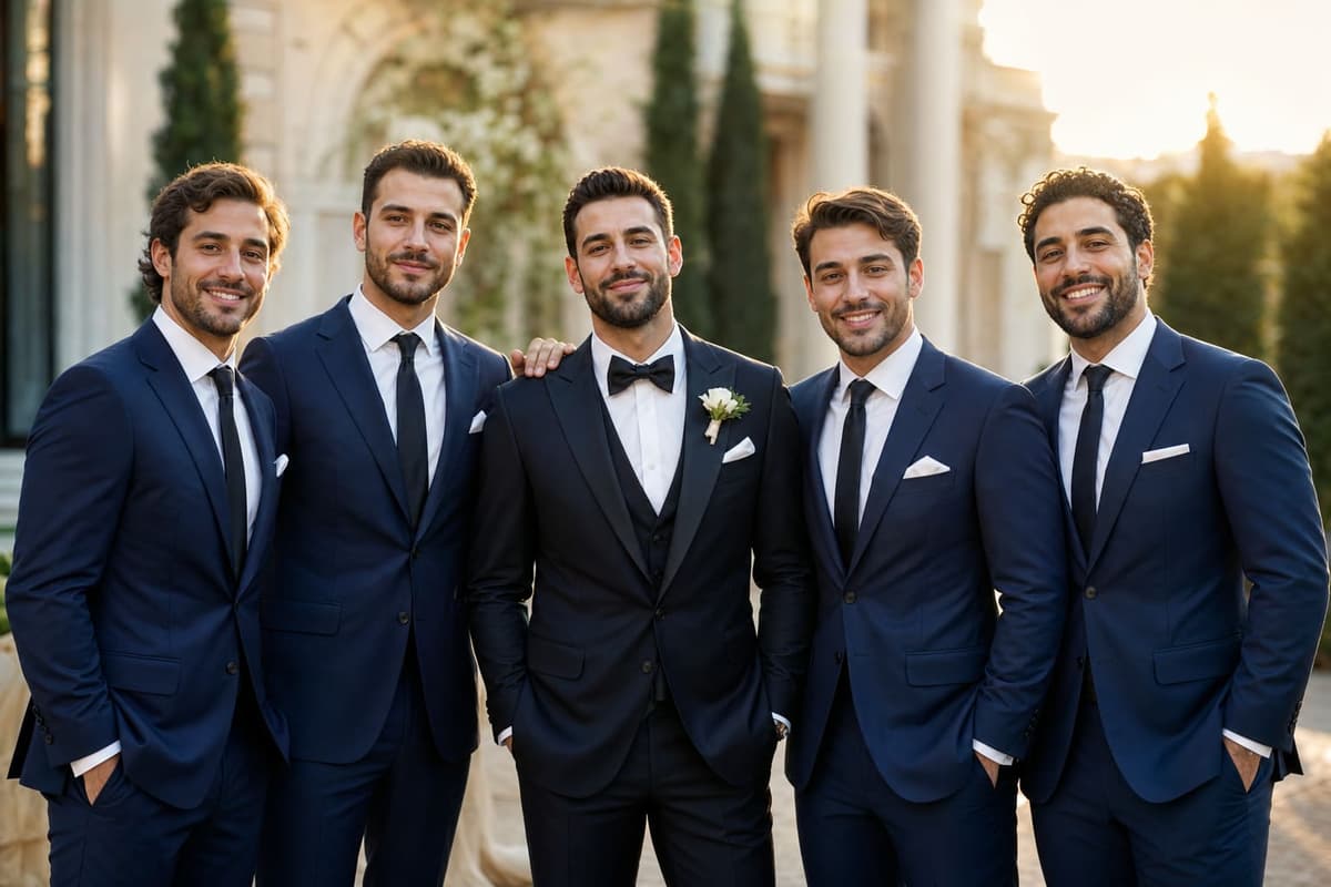 A groom in a black tuxedo flanked by four groomsmen in coordinated navy custom suits at a wedding — sharp, well-fitted suits they own rather than rented