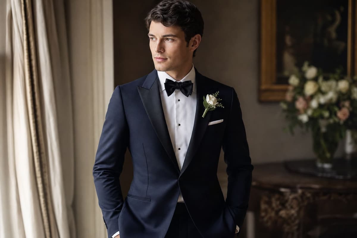 A groom in a beautifully tailored custom navy tuxedo with a boutonniere — a suit made to his measurements that he owns and will keep for years