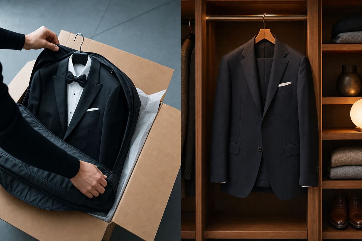 Split illustration: on the left a black rental tuxedo being packed back into a cardboard shipping box and garment bag to be returned; on the right a tailored custom suit hanging in a warm home wardrobe, owned and kept