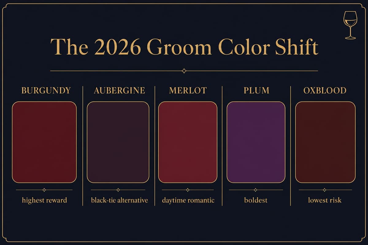 Infographic comparing five deep wine-tone groom suit colors -- burgundy, aubergine, merlot, plum, and oxblood -- with swatches and one-line descriptors