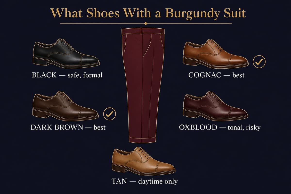 Infographic showing five leather shoe colors paired against a burgundy suit with verdicts on which works best