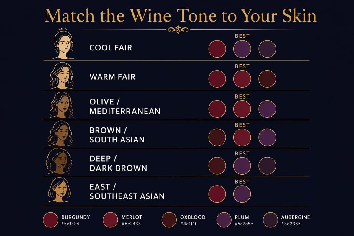 Infographic matching six skin-tone categories to their best and worst wine-tone groom suit colors