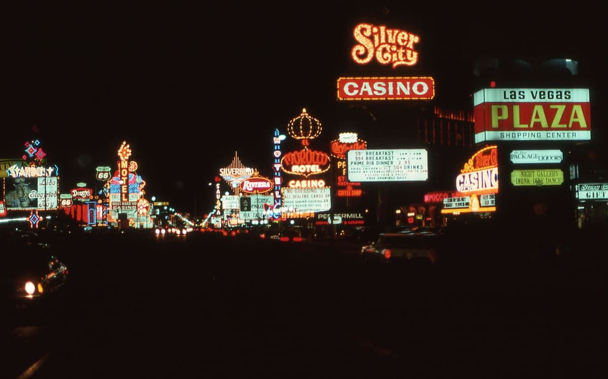 Las Vegas at night, neon signage and casino lights along the strip