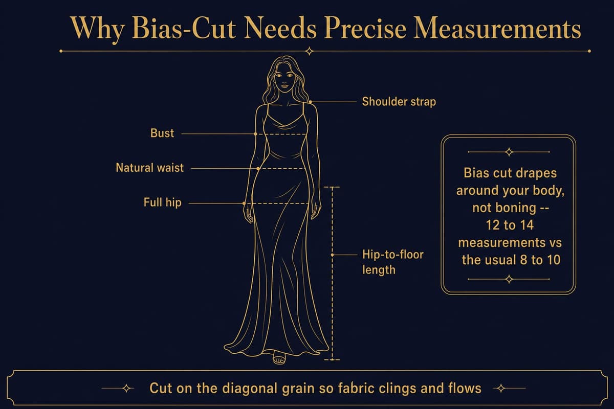 Line-art diagram of a slip dress silhouette with labeled measurement points (bust, waist, hip, hip-to-floor length, strap), explaining why bias-cut dresses need 12 to 14 measurements