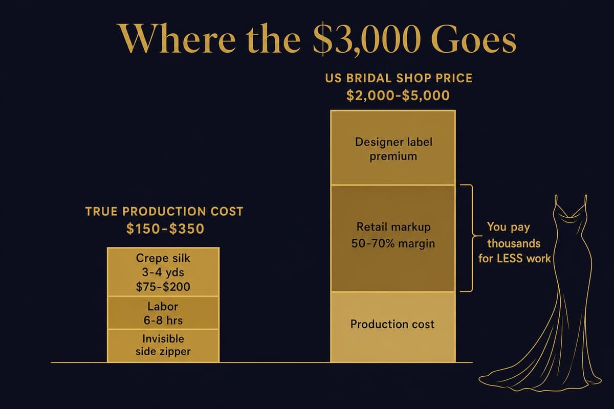 Infographic comparing the true production cost of a bias-cut silk slip dress ($150-$350) against US bridal shop retail prices ($2,000-$5,000), showing markup and label premium