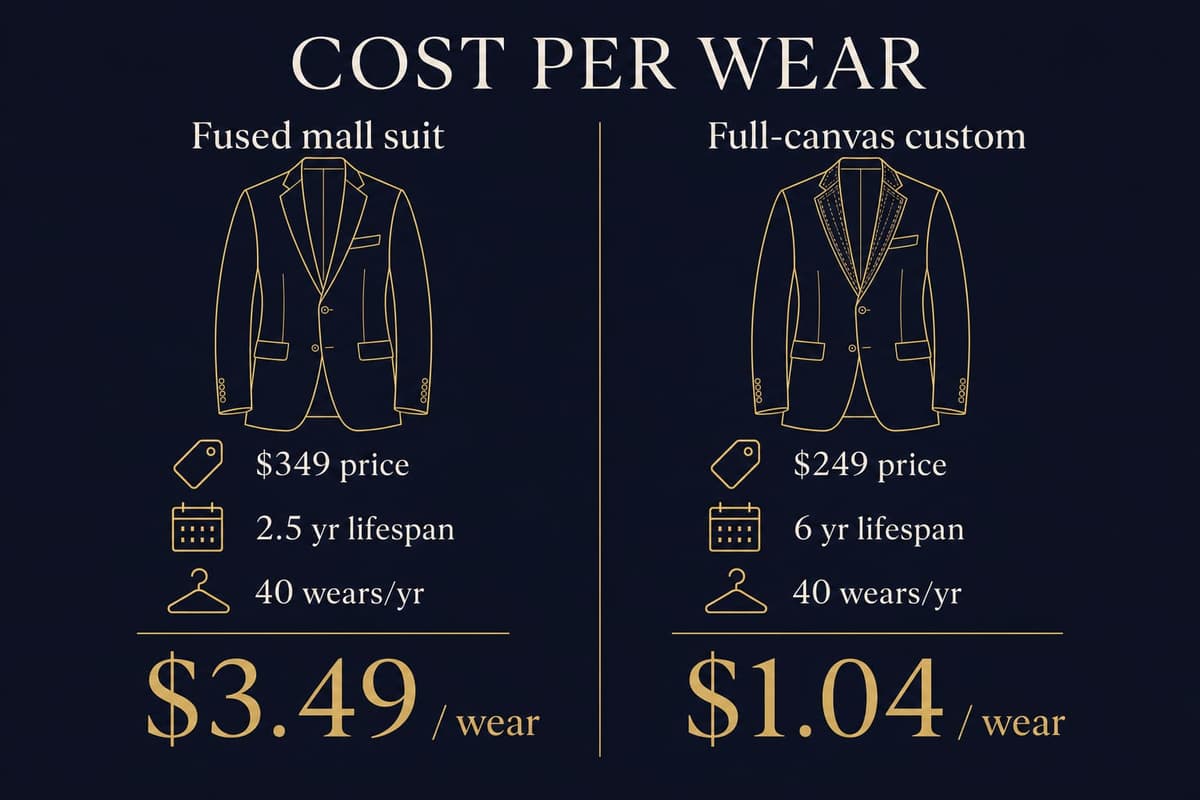 Comparison diagram of cost-per-wear for a fused mall suit versus a half-canvas custom suit