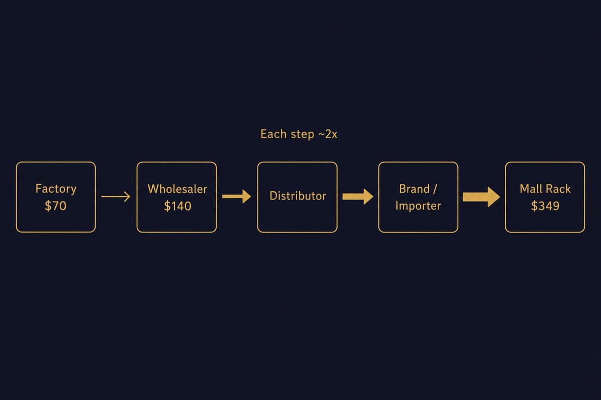 Diagram showing how a suit's price roughly doubles at each step from factory to mall rack