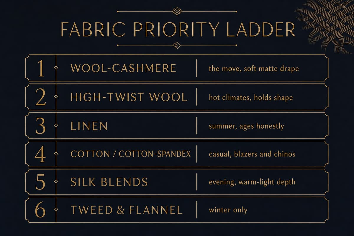 Infographic ranking Chinamaxxing fabrics by priority: wool-cashmere, high-twist wool, linen, cotton and cotton-spandex, silk blends, and tweed and flannel, each with its best use case