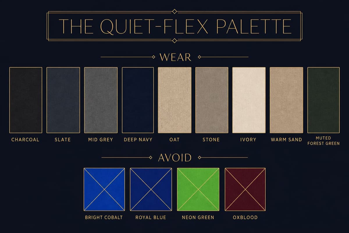 Color palette infographic of Chinamaxxing menswear tones: charcoal, slate, mid grey, deep navy, oat, stone, ivory, warm sand, and muted forest, with bright cobalt and neon marked as avoid