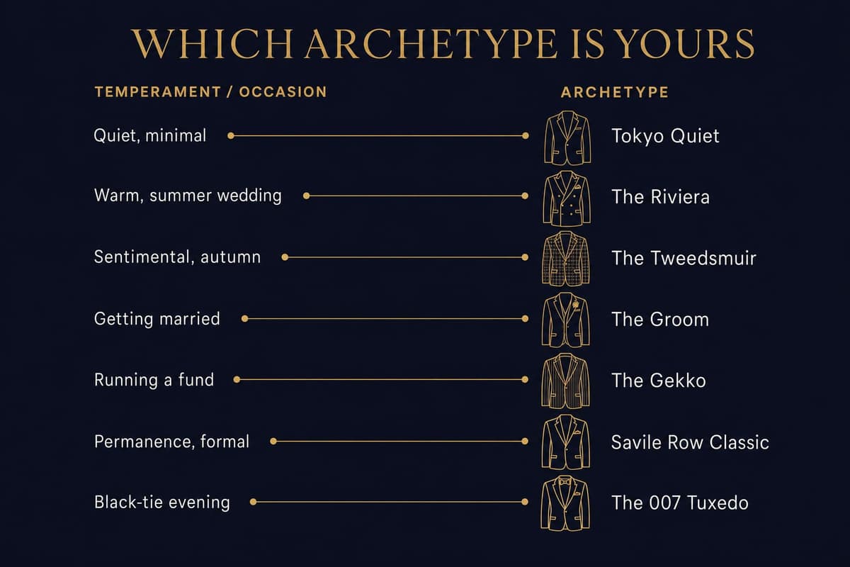 Infographic matching ten cinematic suit archetypes to the kind of man and occasion each one suits
