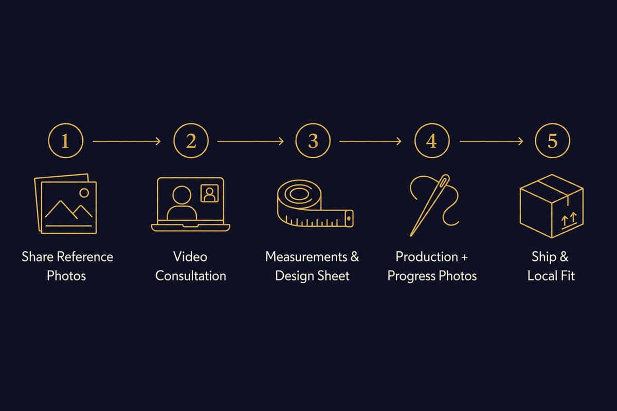 Five-step infographic showing the dress recreation process from reference photos to delivery