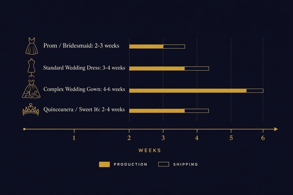 Timeline infographic showing production and shipping lead times by dress type