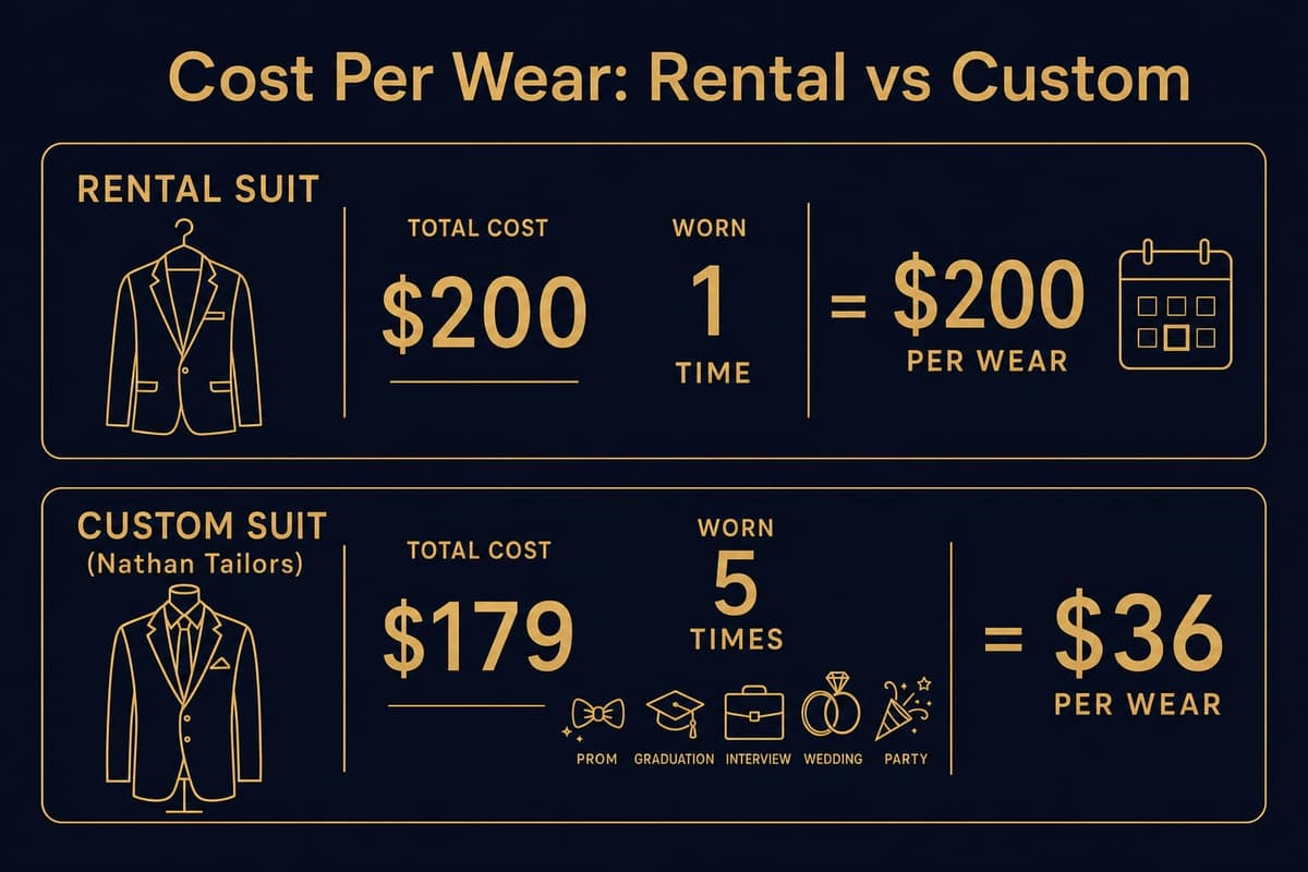 Cost-per-wear comparison showing a $179 custom suit worn five times versus a $200 rental worn once