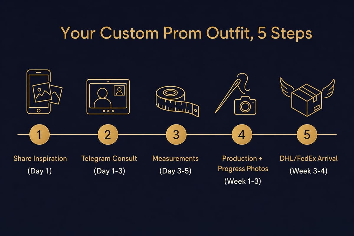 Five-step horizontal timeline showing the Nathan Tailors custom prom process from inspiration to delivery over two to four weeks