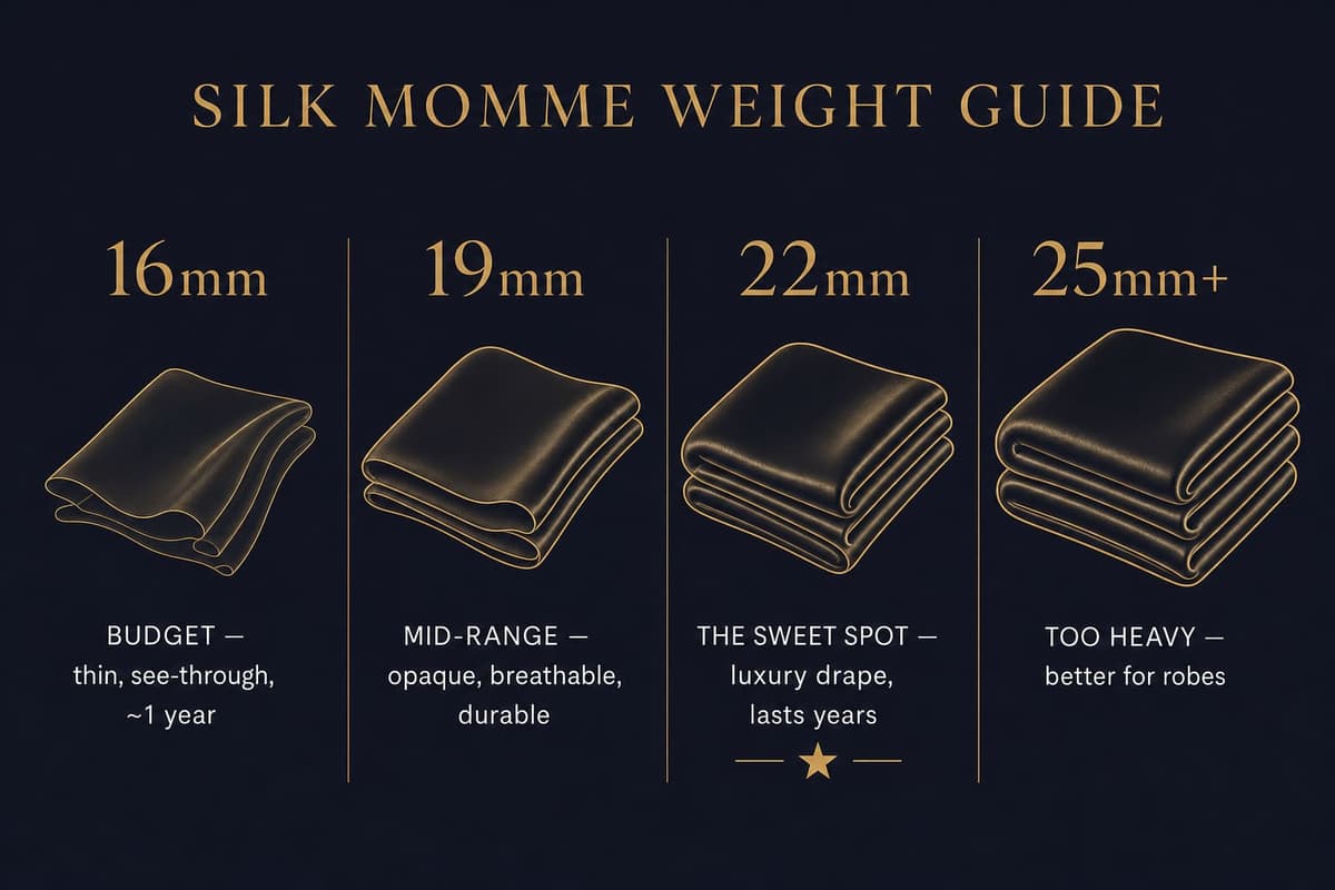 Infographic comparing silk momme weights 16mm, 19mm, 22mm and 25mm for pajamas, showing density, opacity and ideal use for each
