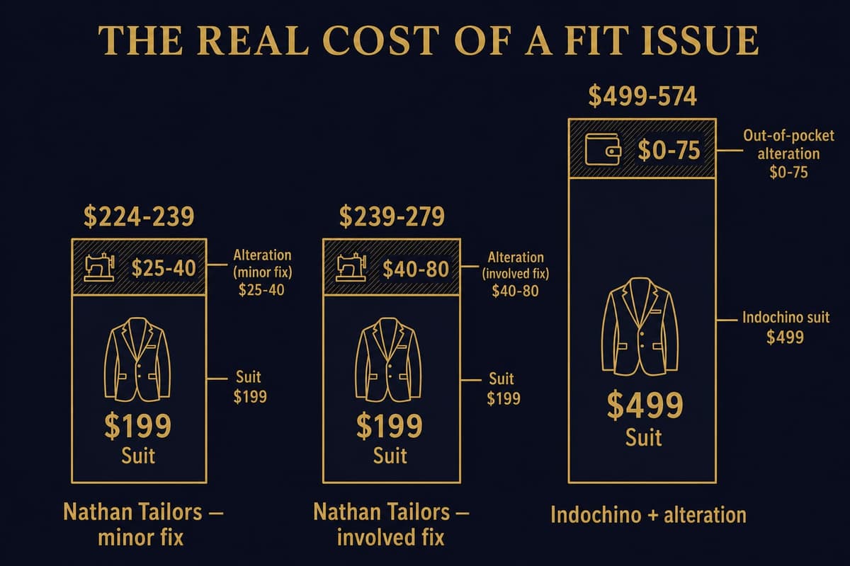 Infographic comparing total cost of a Nathan Tailors suit plus local alteration against a single Indochino suit plus alteration