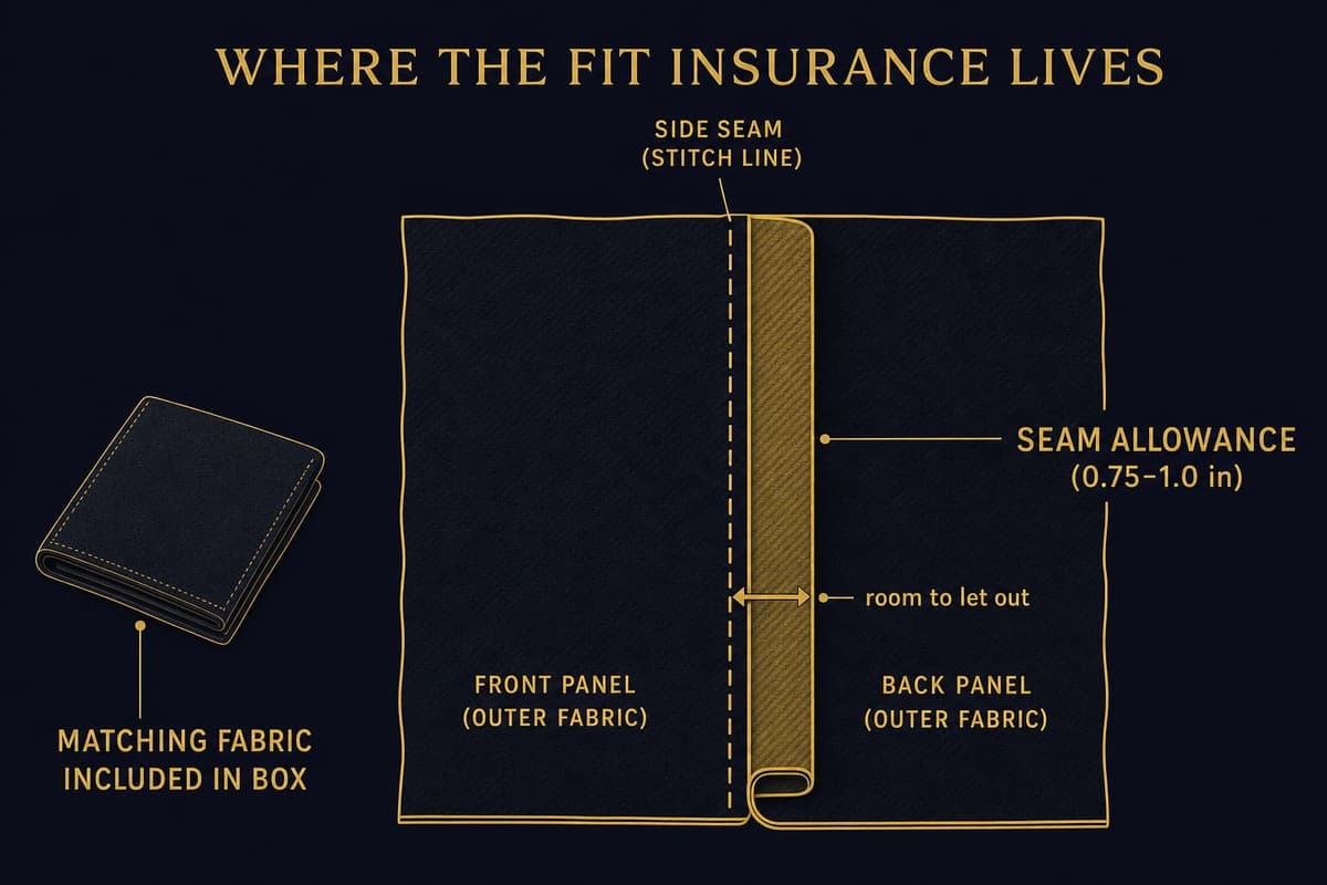 Cross-section diagram of a jacket side seam showing the stitch line and the hidden reserve of seam-allowance fabric that a local tailor can let out