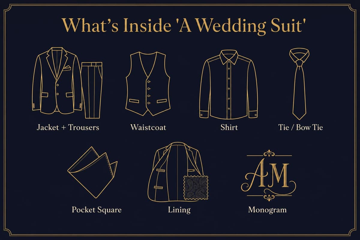 Infographic of the seven components of a wedding suit: jacket and trousers, waistcoat, shirt, tie, pocket square, lining, and monogram