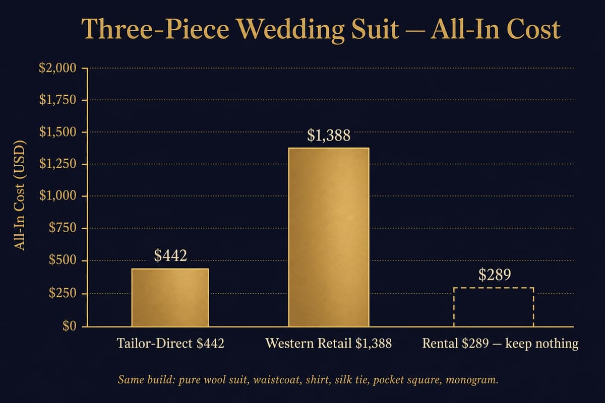 Bar chart comparing all-in wedding suit cost across tailor-direct, Western retail, and rental for a three-piece traditional build