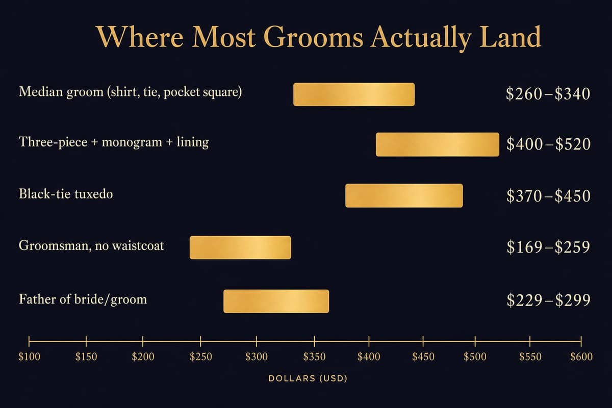 Range chart showing typical all-in spend per role: groom, three-piece groom, tuxedo, groomsman, and father