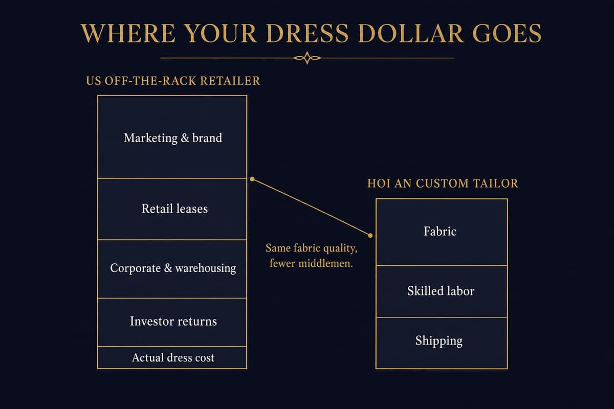 Infographic contrasting where money goes in a US retail dress versus a Hoi An custom tailor's dress