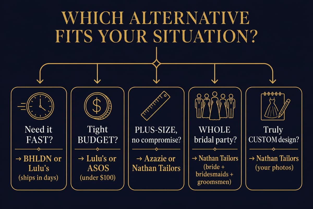 Decision guide infographic matching wedding-shopping priorities to the best bridal retailer alternative