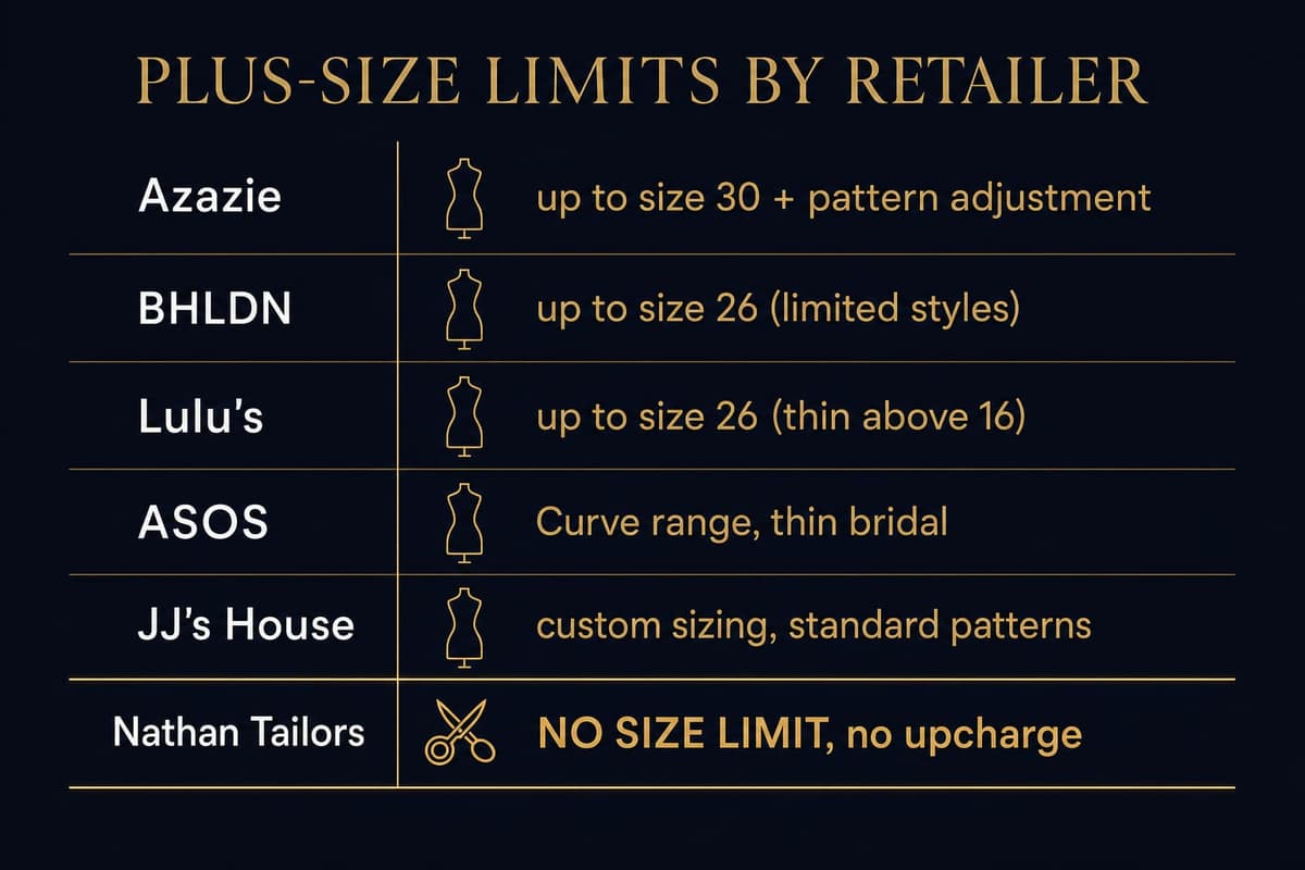 Comparison chart showing plus-size limits for six bridal retailers, with Nathan Tailors offering no size limit