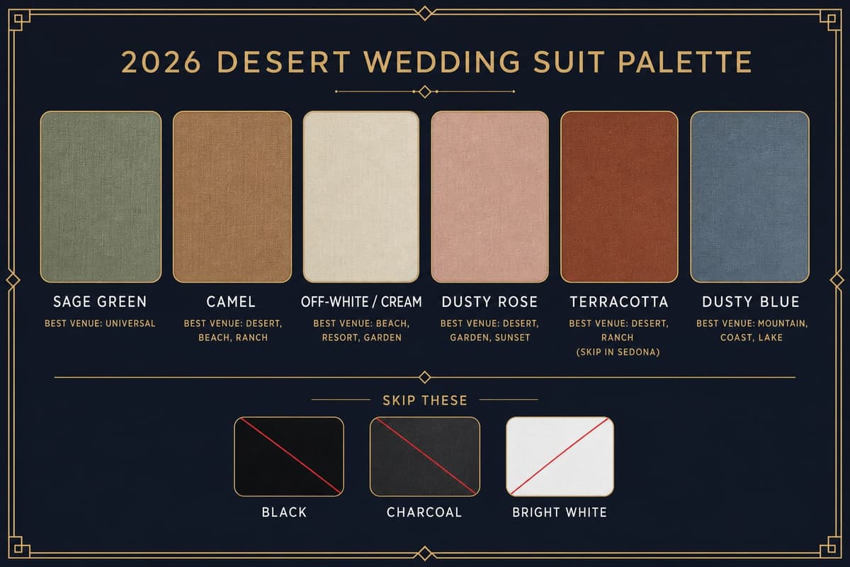 Color palette swatch guide showing the six recommended 2026 desert wedding suit colors against desert tones