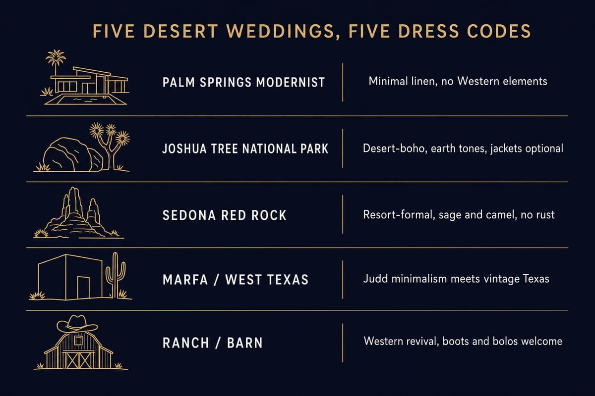 Infographic comparing the five 2026 desert wedding venue types and their distinct dress aesthetics