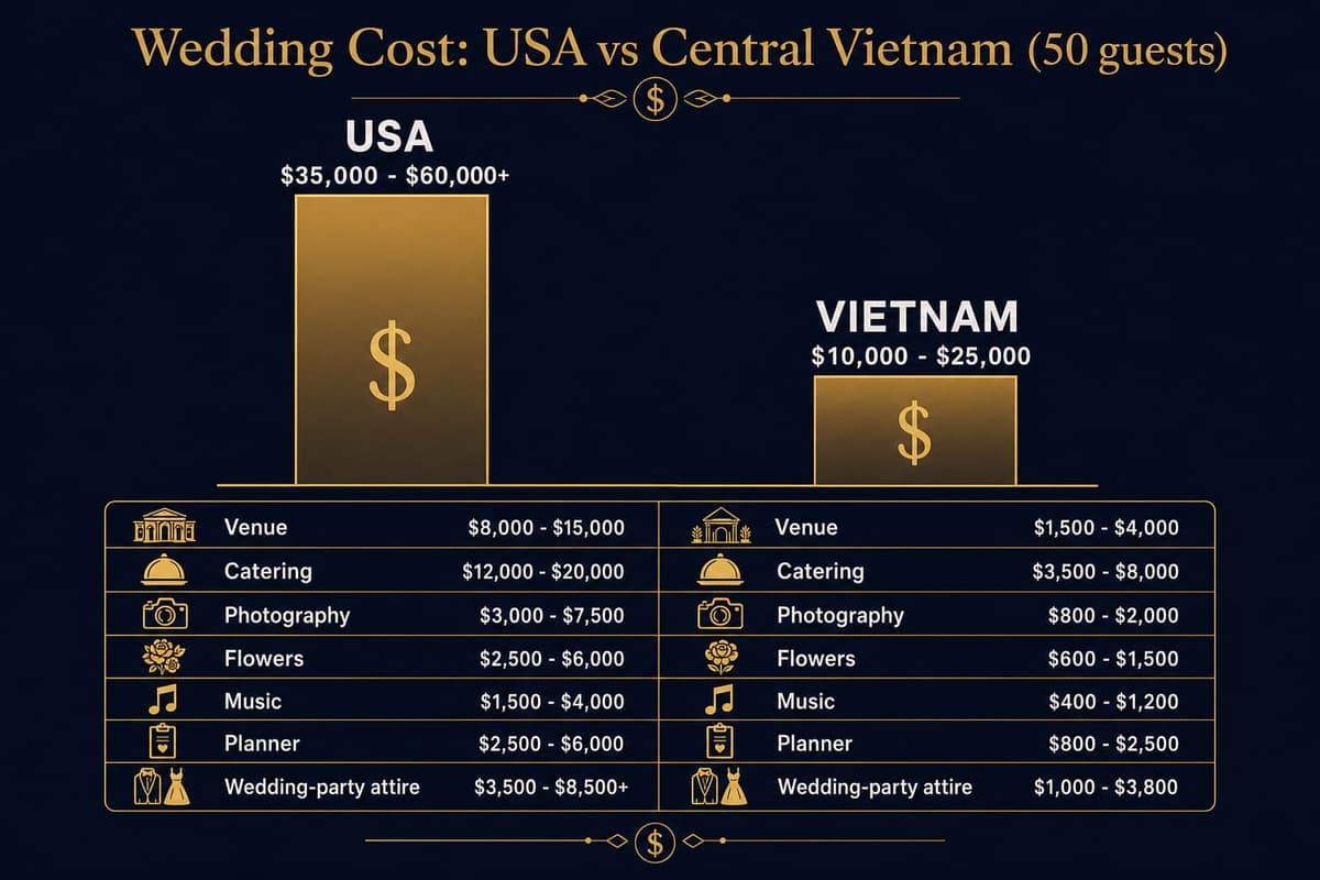 Side-by-side bar infographic comparing a typical US destination wedding total of 35,000 to 60,000 dollars against a central Vietnam wedding total of 10,000 to 25,000 dollars for 50 guests