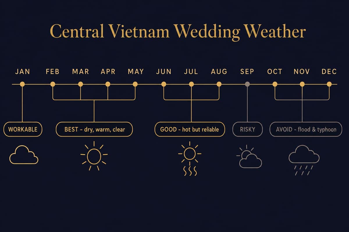 Twelve-month weather suitability calendar for central Vietnam weddings, marking February through May as ideal and October through December as flood-risk months to avoid