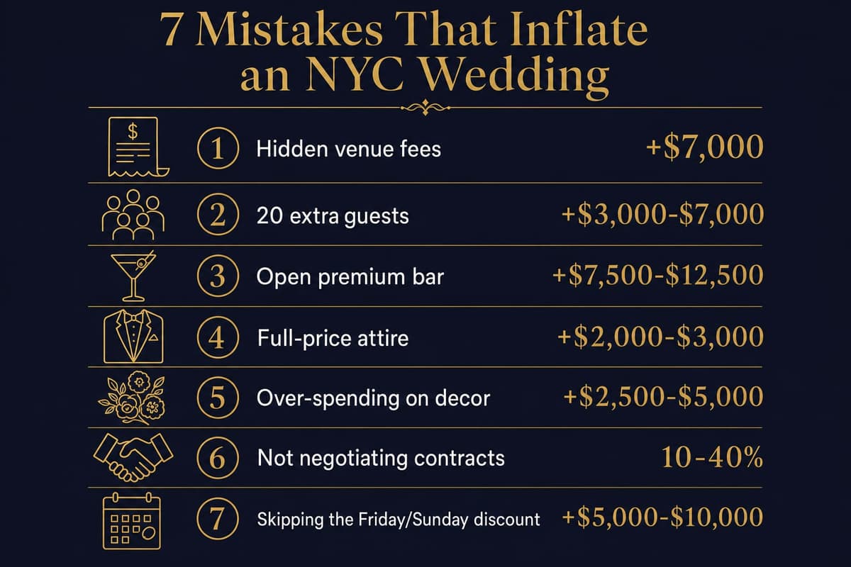 Infographic listing seven common NYC wedding planning mistakes and the dollar amount each one adds to the budget