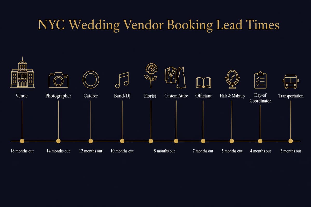 Infographic timeline showing how far in advance to book each NYC wedding vendor, from venue at 18 months to transportation at 2 months