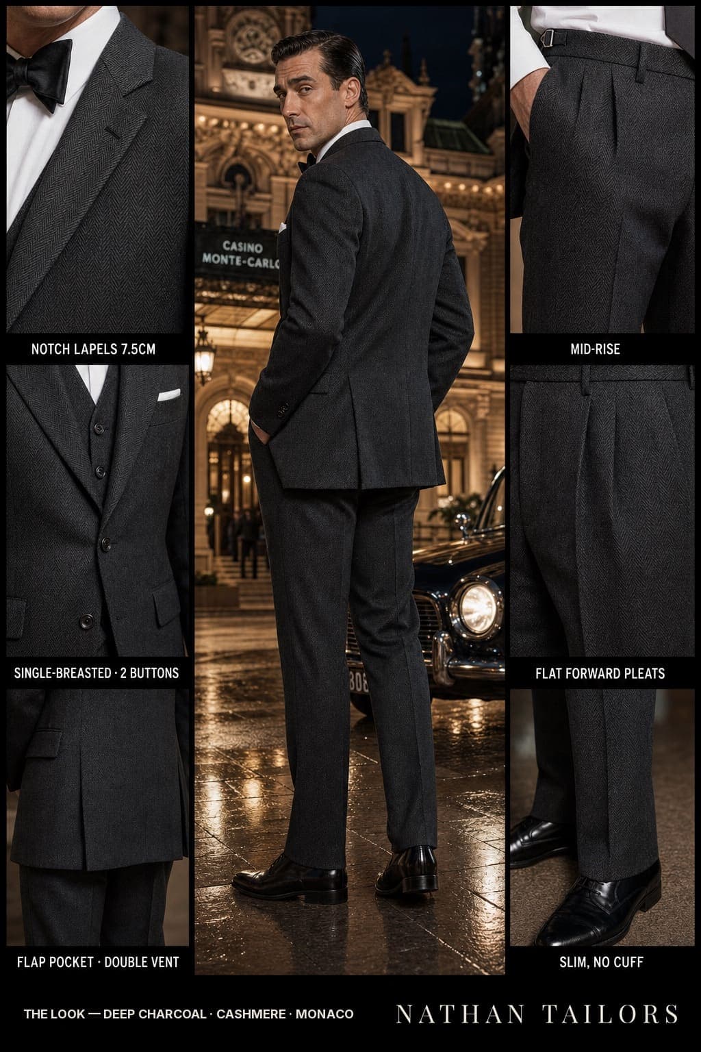 A deep-charcoal herringbone single-breasted two-button suit rendered in the Nathan Tailors Atelier, styled for evening with detail callouts