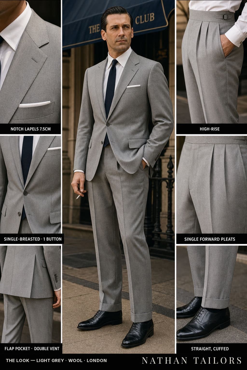 A light-grey single-breasted Don Draper suit rendered in the Nathan Tailors Atelier, with detail callouts for 7.5cm notch lapels, high-rise pleated trousers, flap pockets and a double vent