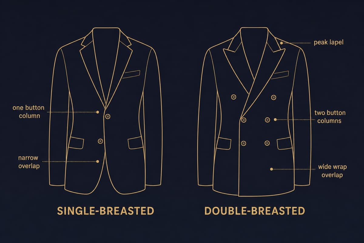 Infographic comparing single-breasted and double-breasted suit jacket fronts, showing one button column versus two overlapping columns with peak lapels