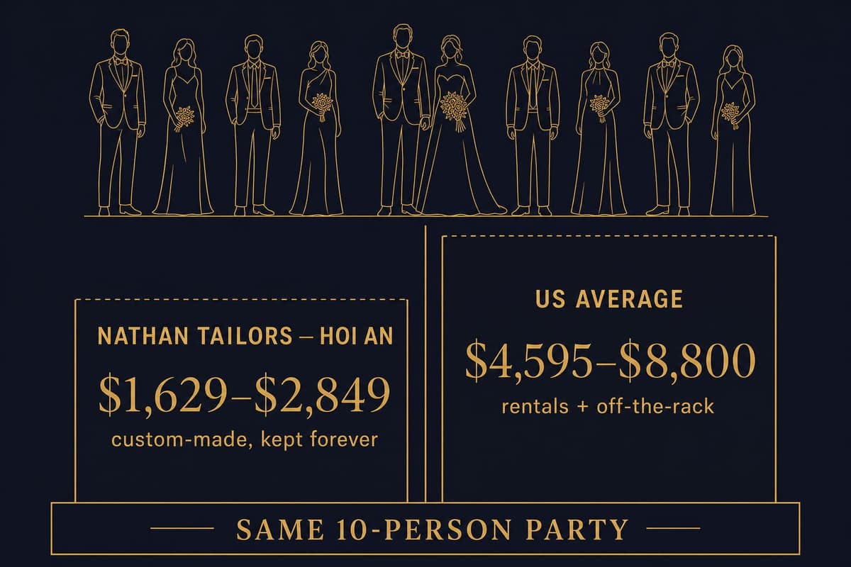 Side-by-side comparison infographic showing a 10-person wedding party costing $1,629 to $2,849 at Nathan Tailors versus $4,595 to $8,800 in the US